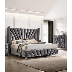 Bedroom Wingback Headboard 1pc Eastern King Size Bed Furniture Gray Fabric Upholstered Unique Bed