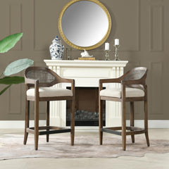 Ares Mid-Century Modern 26" Cane Back Counter Stool, Taupe Beige Textured Weave