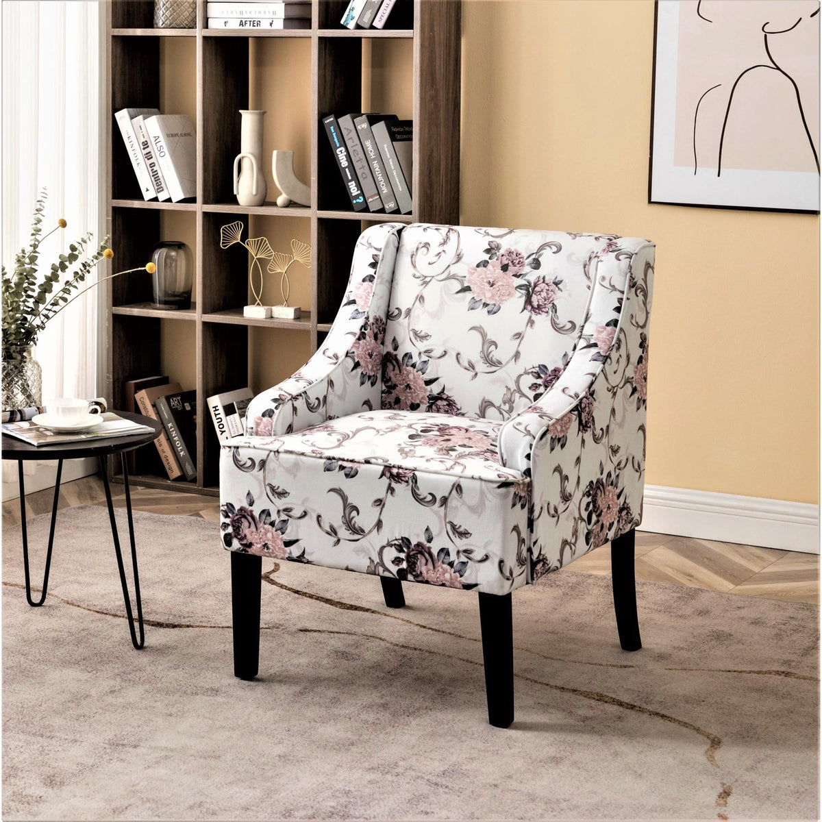 Versatile Upholstered Side Chair, Solid Wood Frame with Recessed Arms, Tapered Front Legs and Flared Back Legs, Foam & Sinuous Springs Cushioned Accent Chair for Entryway Bedroom Dining Room
