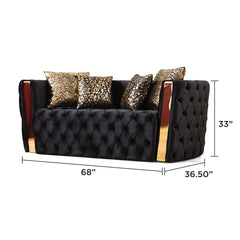 Revelation Button Tufted Loveseat with Velvet Fabric and Gold Accent in Black