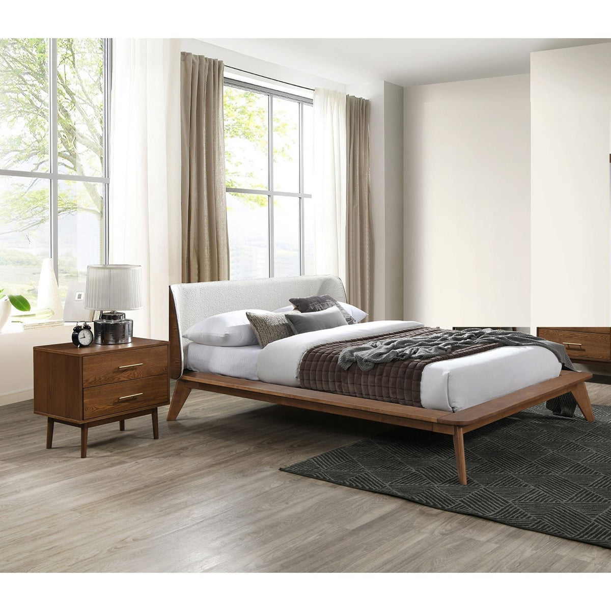 Gorgeous Walnut 3pc Bedroom Set King Size Bed 2x Nightstands Beige Upholstered Fabric Winged Edge Panel HB Mid-Century Modern Style