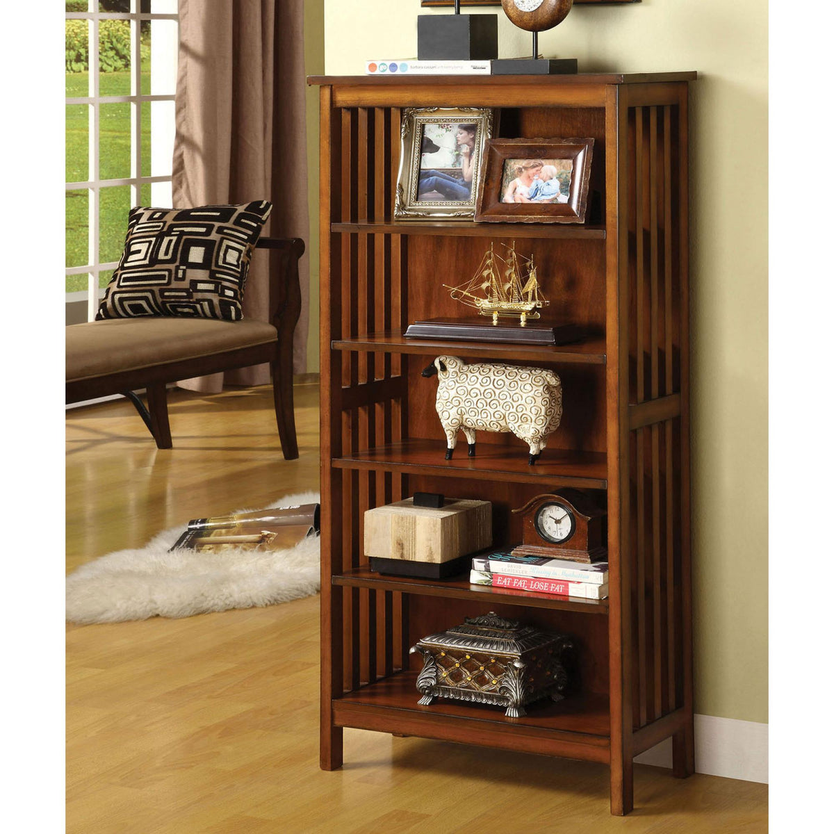 Transitional Media Shelf Five Convenient  Open Shelves, Oak