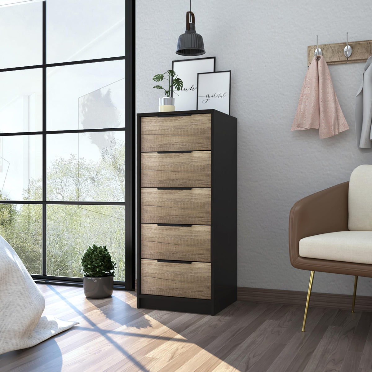 Lyra 5 Drawer Dresser, Vertical Dresser -Black / Pine