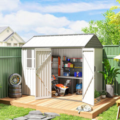 8' x 6' Metal Garden Storage Shed, Extra Large Outdoor Tool Storage House w/ Doors, Window and Air Vents, White