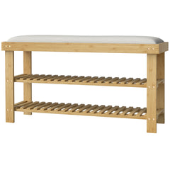 Bamboo Shoe Storage Bench, 3-Tier Entryway Bench with Cushion, Shoe Organizer for Entryway, Hallway, Natural