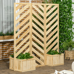 Decorative Outdoor Privacy Screen, Freestanding Divider/Separator with 4 Self-Draining Planters, 3 Trellis Plant Support Panels for Garden Walkway, Backyard, Natural Wood