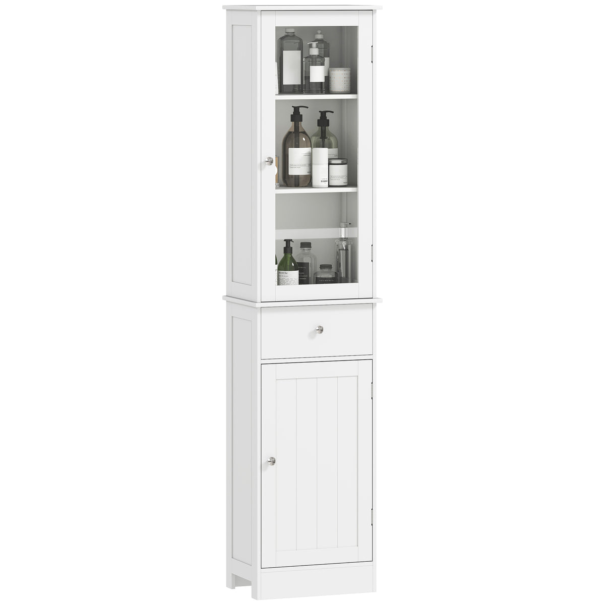 Slim Bathroom Storage Cabinet, Tall Bathroom Cabinet, Narrow Linen Tower with Acrylic Door, Drawer and Shelves, White