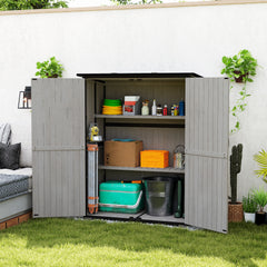 Wood Storage Shed, Outdoor Garden Shed with Asphalt Roof, 2 Shelves, Lockable Doors and Adjustable Feet, Gray