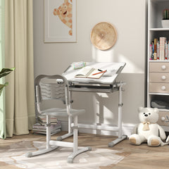 Height Adjustable Kids Desk and Chairs Set with Tilt Desktop, Storage Drawer, Pen Slot, Hook, Gray