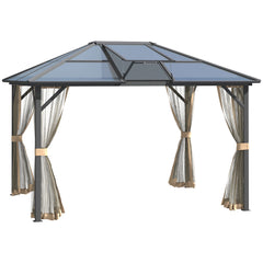 10' x 12' Hardtop Gazebo Canopy with Polycarbonate Roof, Aluminum Frame, Permanent Pavilion Outdoor Gazebo with Netting, for Patio, Garden, Backyard, Deck, Lawn, Gray, Brown