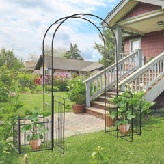 86" Garden Arch Arbor, Metal Arch Trellis with Gate and Planter Baskets, Garden Archway for Climbing Vines, Wedding Ceremony Decoration, Flourishes & Arrow Tips, Black