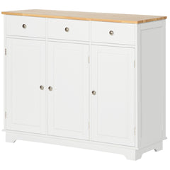 Kitchen Storage Cabinet, Sideboard Floor Cupboard with Solid Wood Top, Adjustable Shelf, and 2 Drawers, White