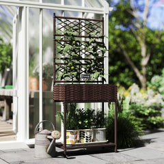 Outdoor Wicker Planter with Trellis for Climbing Plants, Freestanding Rattan Garden Box with Storage Shelf, Brown