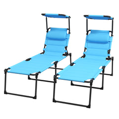 2 Pcs Outdoor Lounge Chair, 4 Position Adjustable Backrest, Folding, Cushioned w/ Sun Shade Roof & Pillow, Blue