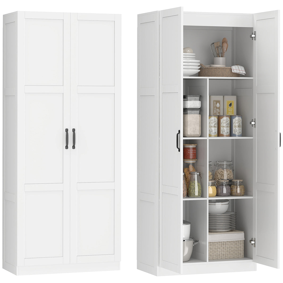 Farmhouse Pantry Cabinet, 71" Tall Kitchen Pantry Storage Cabinet with Soft-Close Hinges, Adjustable Shelves, White