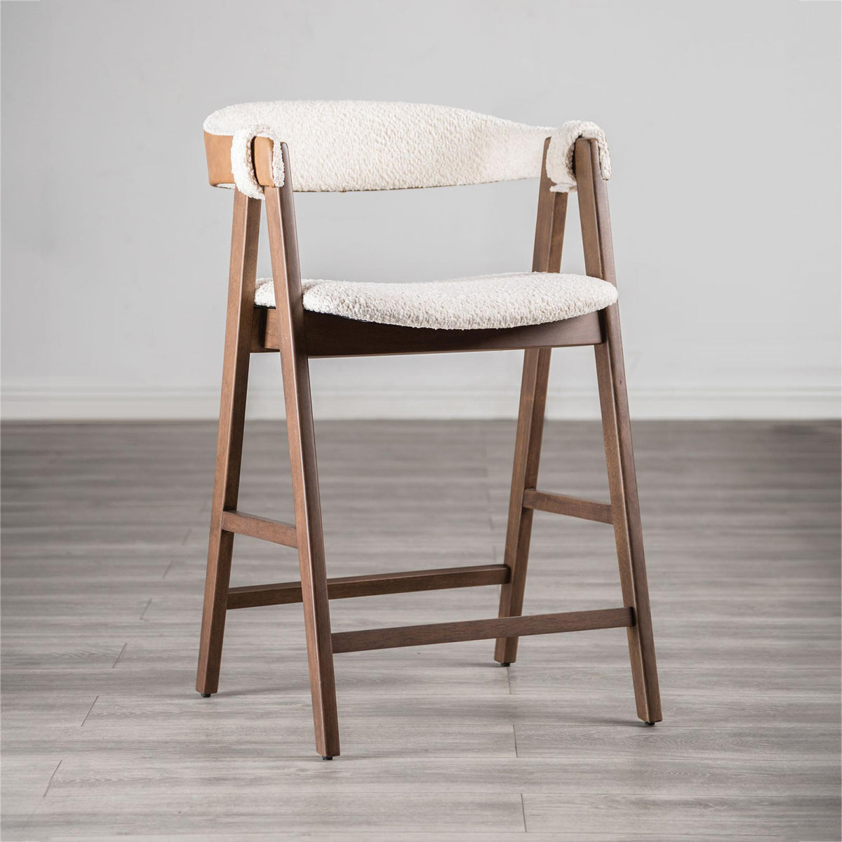 Mid-Century Modern 2pc Counter Stool Padded Seat And Back Curved Panel Back Walnut And Beige Finish