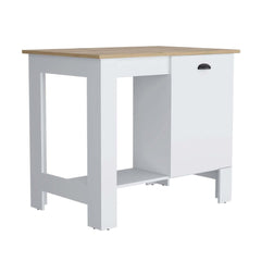 Kitchen Island 35" H, One Storage Cabinet with Door, Two Internal Shelves, One Open storage Shelf, White/Macadamia