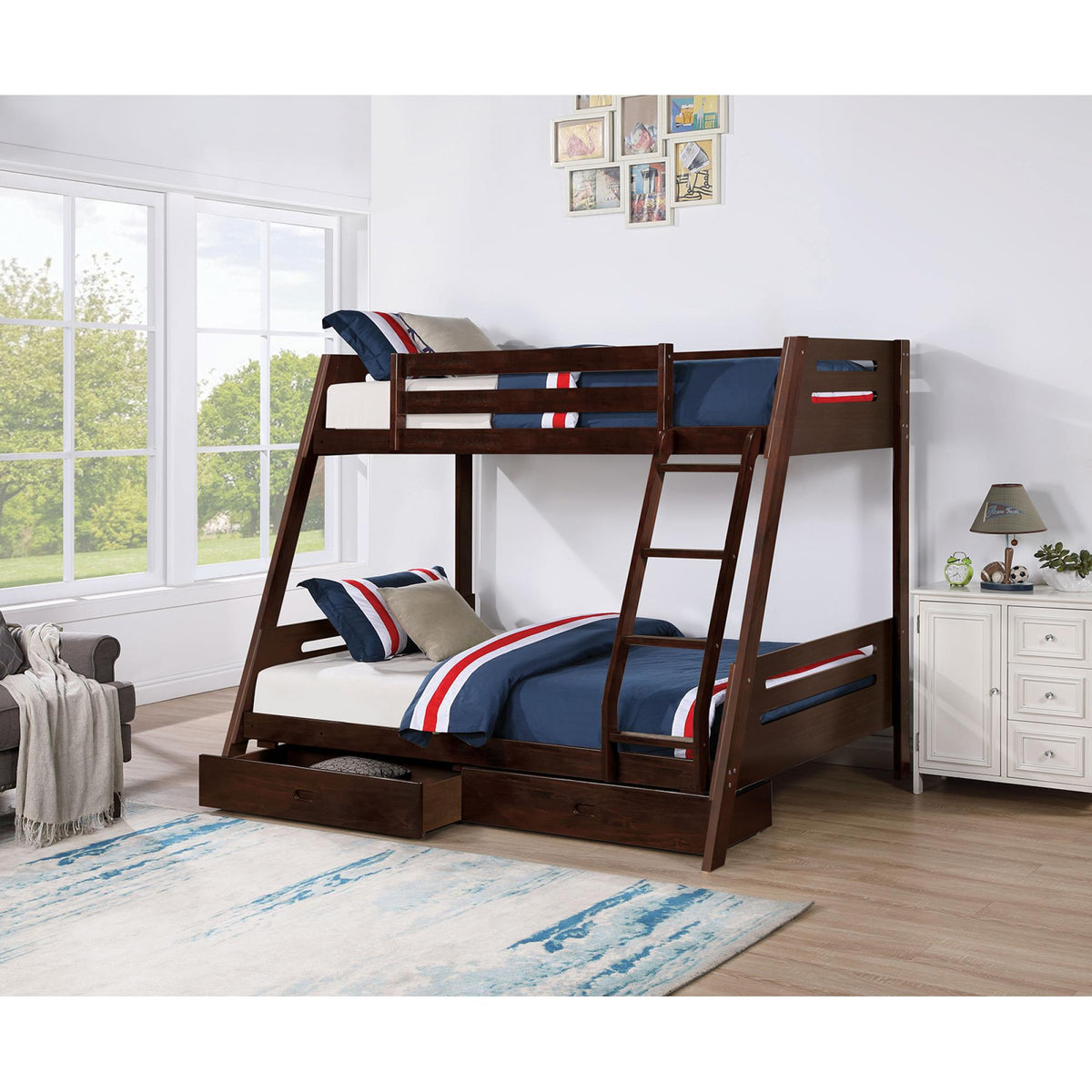 Transitional Bunk Bed Espresso Finishing And Underbed Drawers Angled Ladder