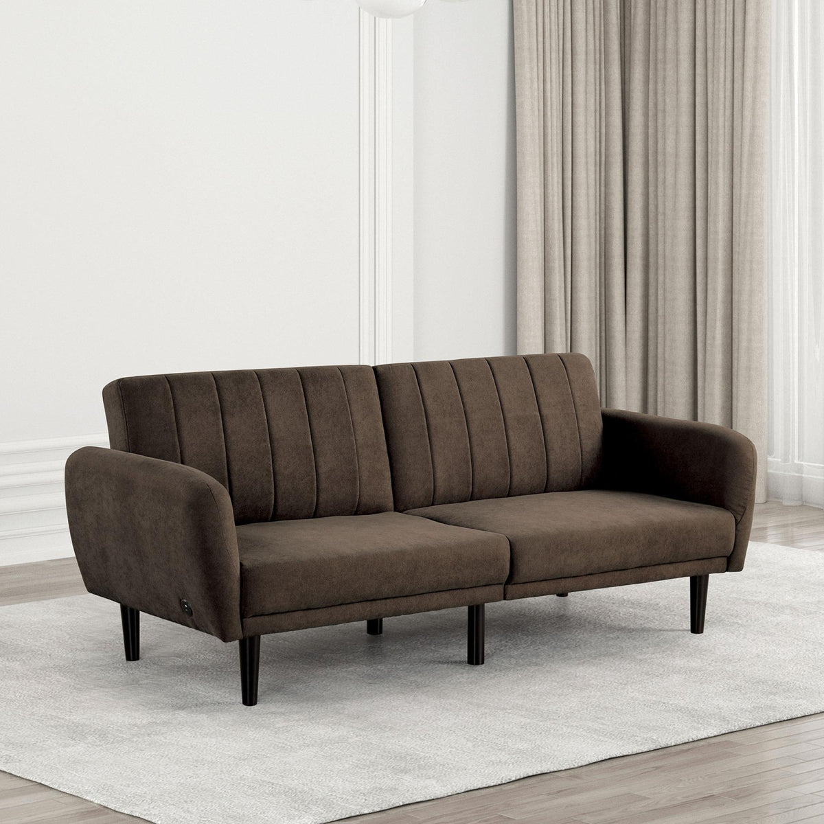 Clytemnestra Sofa Brown Color Converts into Bed Tufted Fabric Iron Leg Back Support 1pc Sofa Pocket Coil