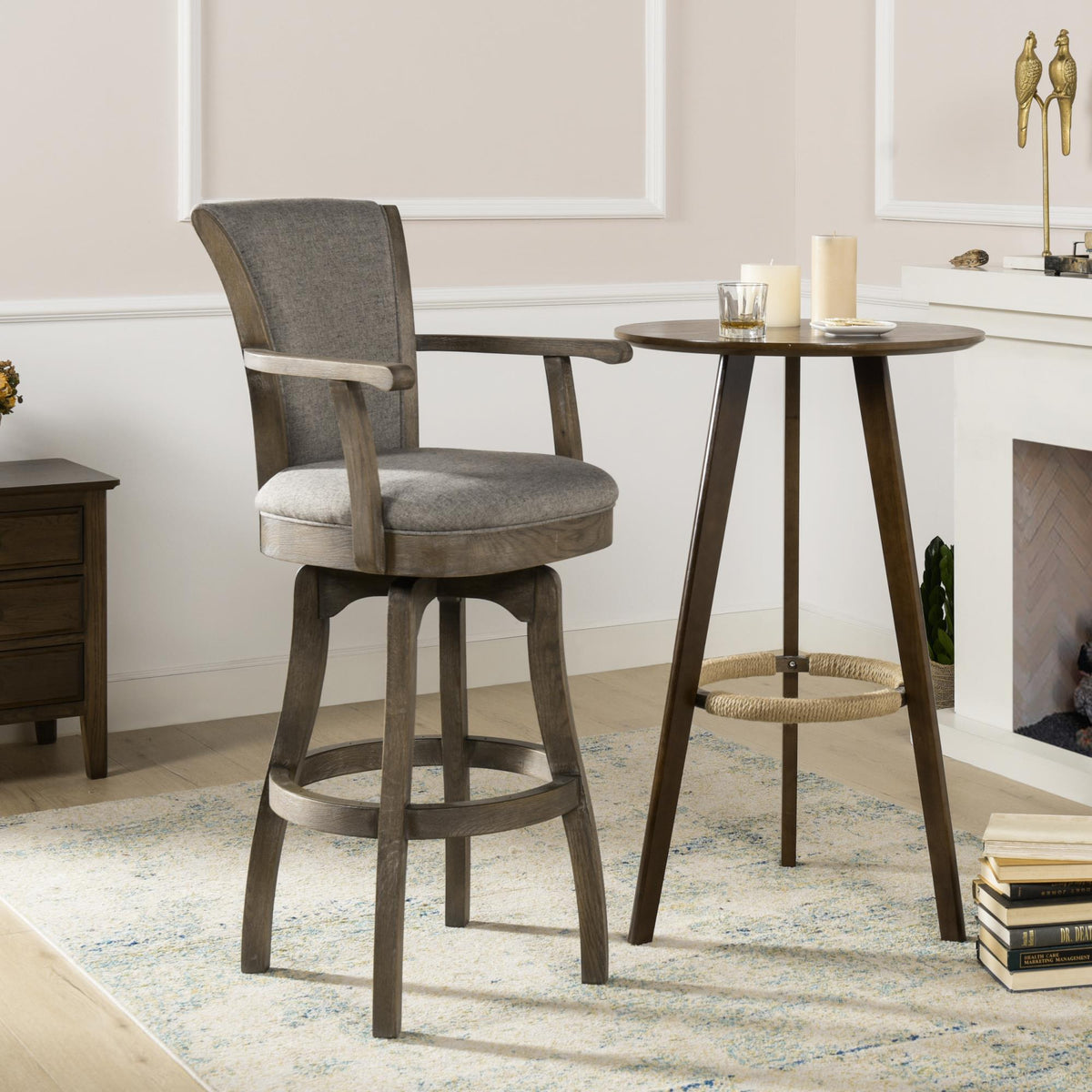 Apollo 31" Swivel Bar Stool with Armrests, Heathered Grey Linen