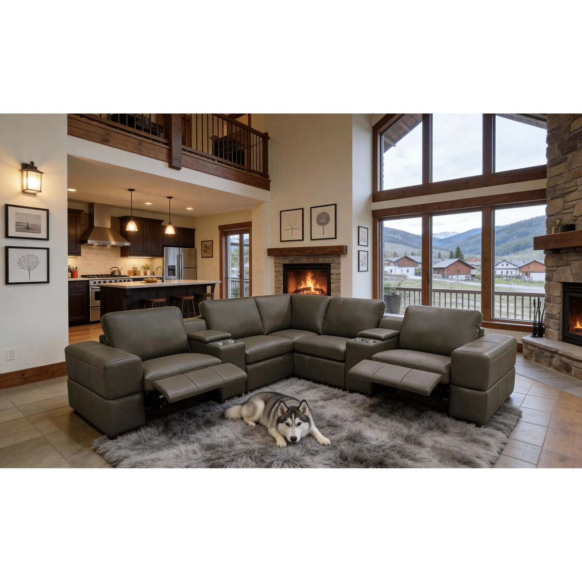 Premium Leather Match Upholstered Large Arms Sectional with Two Recliner Seats