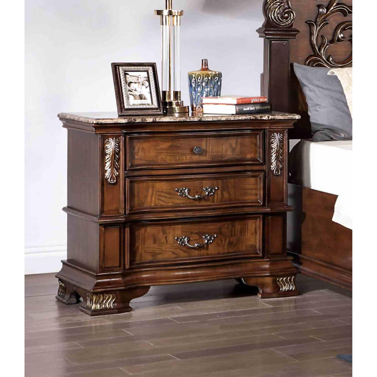Traditional Style 1pc Nightstand Marble Top Dovetail Drawers Ball Bearing Glide Brown Cherry Finish Bedroom Furniture