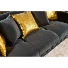 Haven Upholstered Loveseat in Black Fabric with Gold Stainless Steel Legs, Foam Cushioning and Sturdy Wood Frame