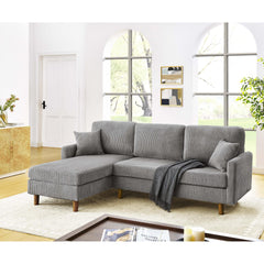Corduroy Upholstered Sectional with Wooden Legs & Toss Pillows