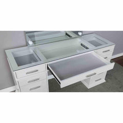 Glam Style 1pc Vanity w/ Padded Stool Set 8mm Glass Top Storage Drawers LED On Mirror Luminous White Finish Bedroom Furniture