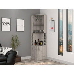 Story Corner Bar Cabinet, Eight Bottle Cubbies, Double Door, Two Open Shelves