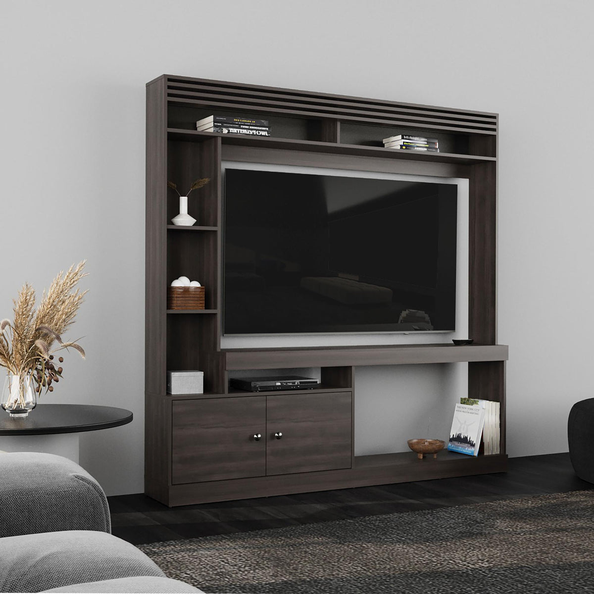 Hera 71" Wide Freestanding Entertainment Center, Tv Stand , 8 Shelves, Bookcase, Cabinet for Living Room , Home Office, Media Room Dark Walnut