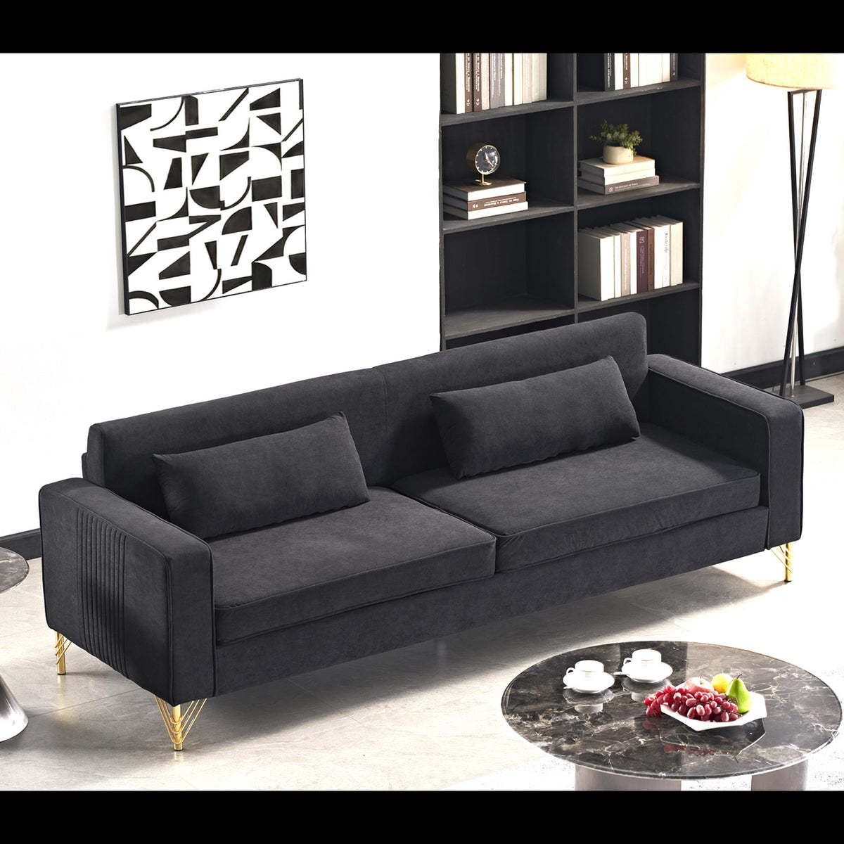 Hades 85.8" Velvet Sofas for Living Room, 3 Seater Couch with Classic Modern Appeal and Luxurious Soft Comfort, Easy to Maintain, Black