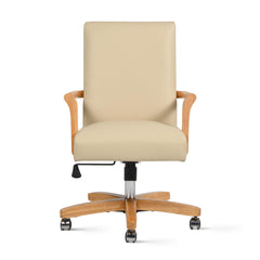Rhea Modern Farmhouse High Back Executive Home Office Chair, Neutral Cream Beige Leather & Natural Wood