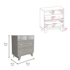 Armageddon Two Drawer Dresser, Two Open Shelves, Superior Top, Four Legs -Light Gray / White
