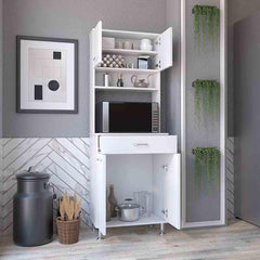 Pantry Cabinet 67" H, Four Doors, One Drawer, Three Internal Shelves, 2 External Storage Shelves, Microwave Storage Option, Four Legs, White