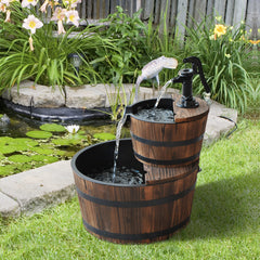 Wood Freestanding Fountain with 2 Tier Waterfall Barrel, Electric Pump for Garden Decor, Lawn, Backyard