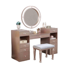 Glam Style 1pc Vanity w/ Padded Stool Set 3mm Mirror Storage Drawers LED On Mirror Tiffany Blush Finish Bedroom Furniture