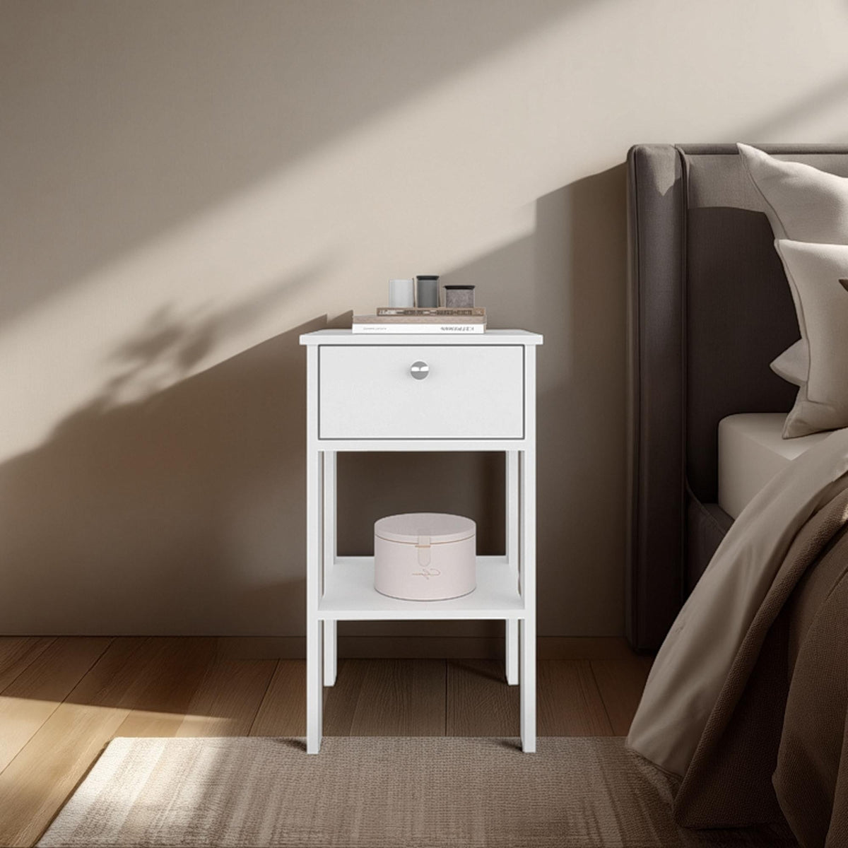 Jason Nightstand With One Drawer And Open Shelf, Modern Bedside Table, White