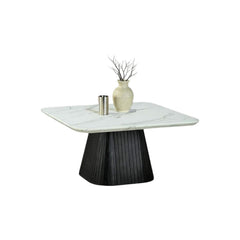 Contemporary Style Square Coffee Table Faux Marble Top Reeded Drum Base Black Finish Primary Living Room