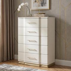 Cassandra 5-Drawer Chest in Beige with Textured Finish and Gold Finish Handles