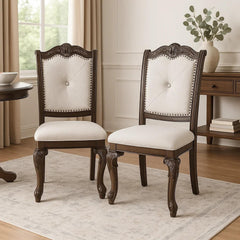Odysseus Side Dining Chair Set of 2, Beige Linen, Scrolled Coffee Brown Wood