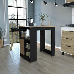 Kitchen Island 36" H, Three Open Side Storage Shelves and One Push-to-Open Cabinet,  Black / Natural Oak