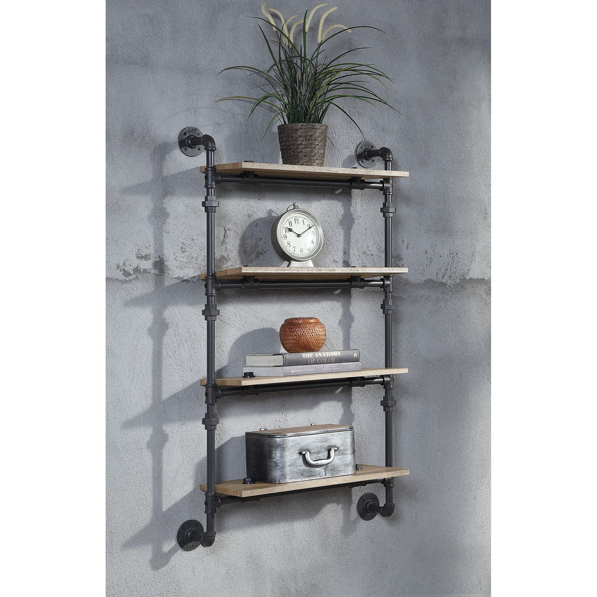 Agamemnon Oak & Sandy Black Finish Wall Rack W/4 Shelves