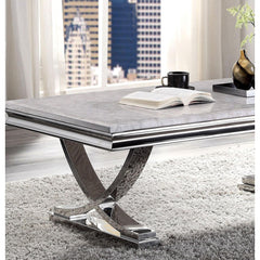 Modern Glam Style Coffee table With 18mm Faux Marble on Top Pedestal Base Metal Structure Stainless Steel Chrome Finish