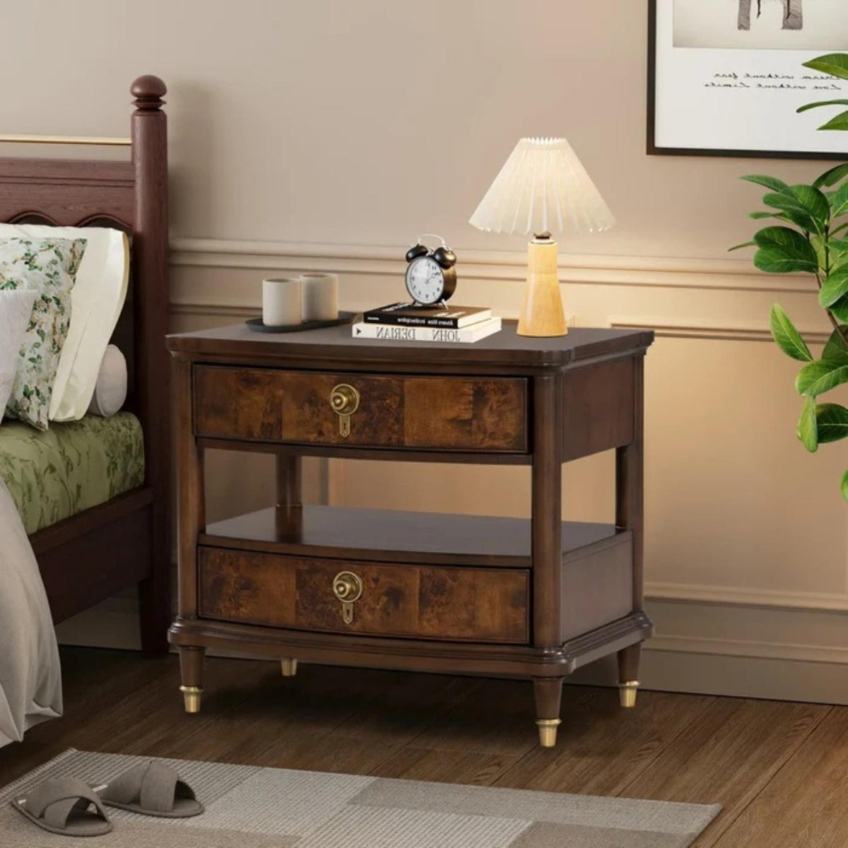 Traditional Style 1pc Nightstand Power Outlet Round Key Knobs Gold Capped Legs Ball Bearing Glide Dark Cherry Finish Bedroom Furniture