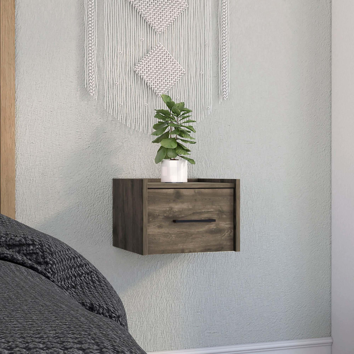 Orion Floating Nightstand , End Table, Side Table Wall-Mounted Single Drawer Design with Handle- Dark Brown - Bedroom