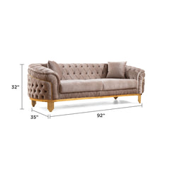 Clytemnestra Modern Style Button Tufted Sofa Made of Wood and Gold Coated Metal Legs in Taupe Color