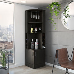 Story Corner Bar Cabinet, Eight Bottle Cubbies, Double Door, Two Open Shelves -Black