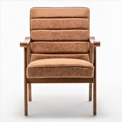 Mid-Century Modern Accent Chair, Solid Wood Frame Leather Look Microfiber Armchair with Open-Framed Arm Design, Plush Padded Seat and Back Cushion for Living Room Bedroom