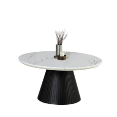 Contemporary Style Round Cocktail Table Faux Marble Top Reeded Drum Base Black Finish Primary Living Room